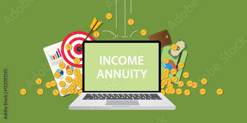 income annuity illustration with text on laptop display with business icon money gold coin falling from sky and graph paperwork document and goals photo