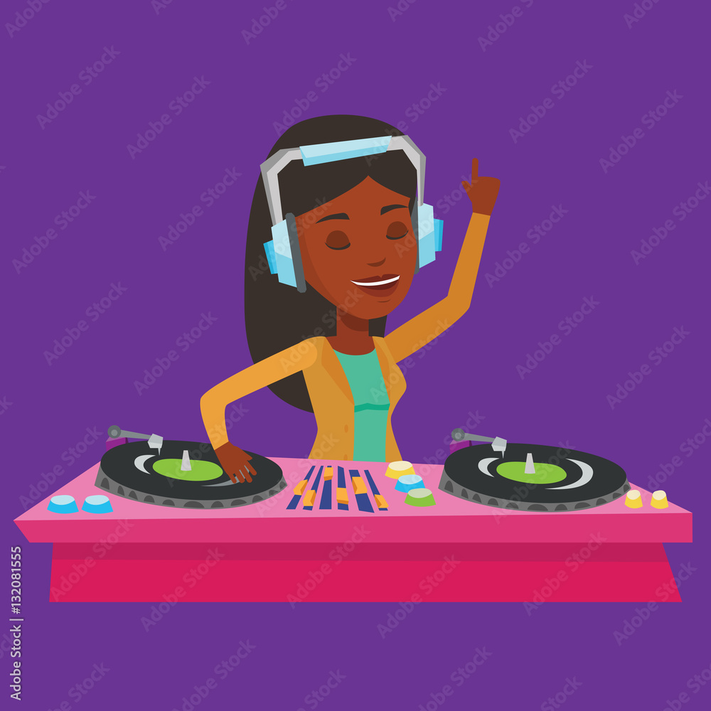 DJ mixing music on turntables vector illustration. DJ mixing music on turntables vector illustration.