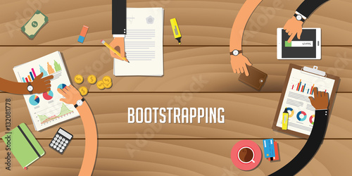 bootstrapping illustration team work together with a hand working together on top of wooden table work on paperwork document graph chart photo