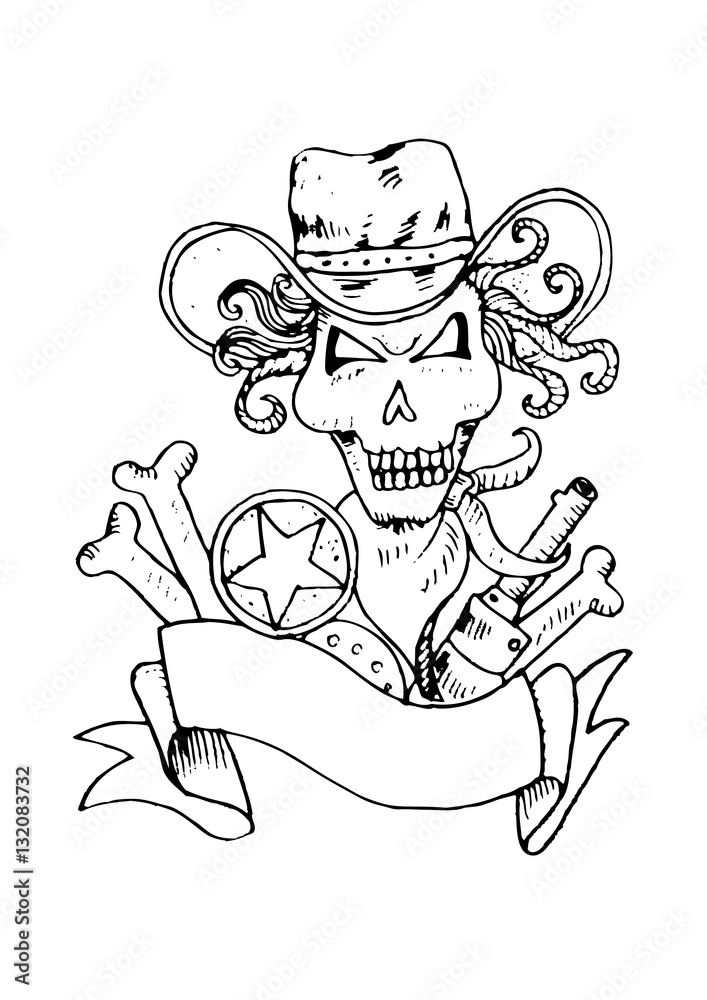 Fototapeta premium Sheriff's skull logo design. Hand drawing illustration