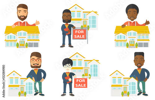 Vector set of real estate agents and house owners.