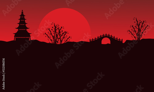 Landscape of pavilion and bridge silhouettes