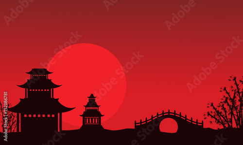 Silhouette of pavilion and bridge Chinese theme