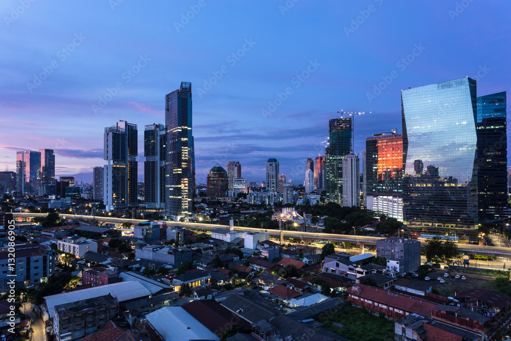 Jakarta sunrise over modern skyline  in Indonesia capital city