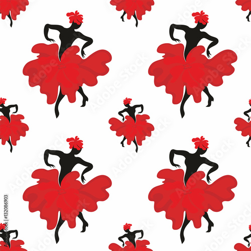 Seamless pattern with the image of the silhouette of a beautiful woman dancing flamenco.