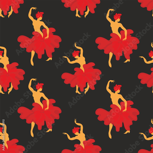 Seamless pattern with the image of the silhouette of a beautiful woman dancing flamenco.