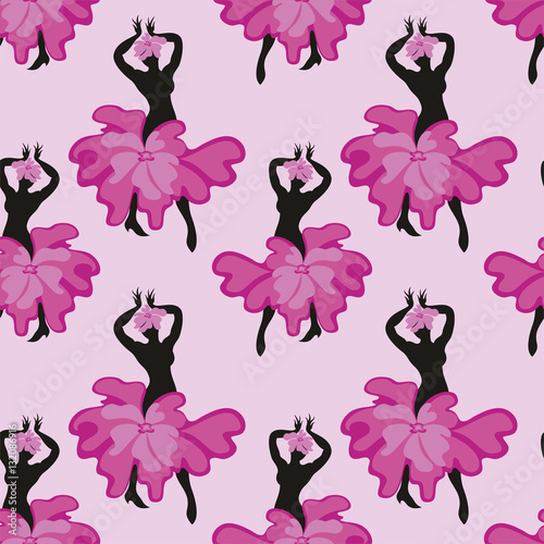 Seamless pattern with the image of the silhouette of a beautiful woman dancing flamenco.