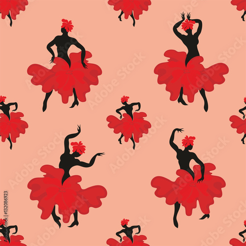 Seamless pattern with the image of the silhouette of a beautiful woman dancing flamenco.