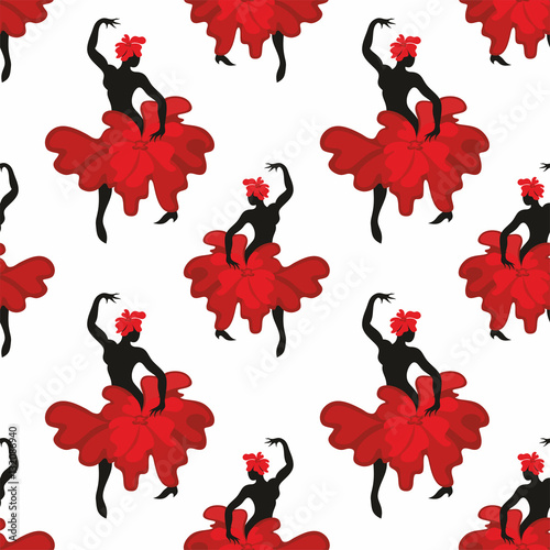 Seamless pattern with the image of the silhouette of a beautiful woman dancing flamenco.