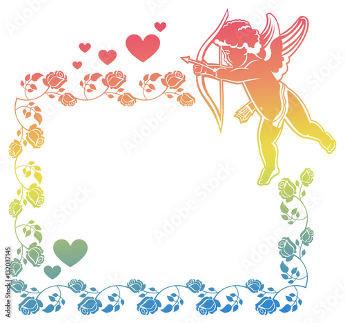 Cupid with bow hunting for hearts. Color gradient frame with Cupid, roses and hearts. Copy space. Raster clip art.