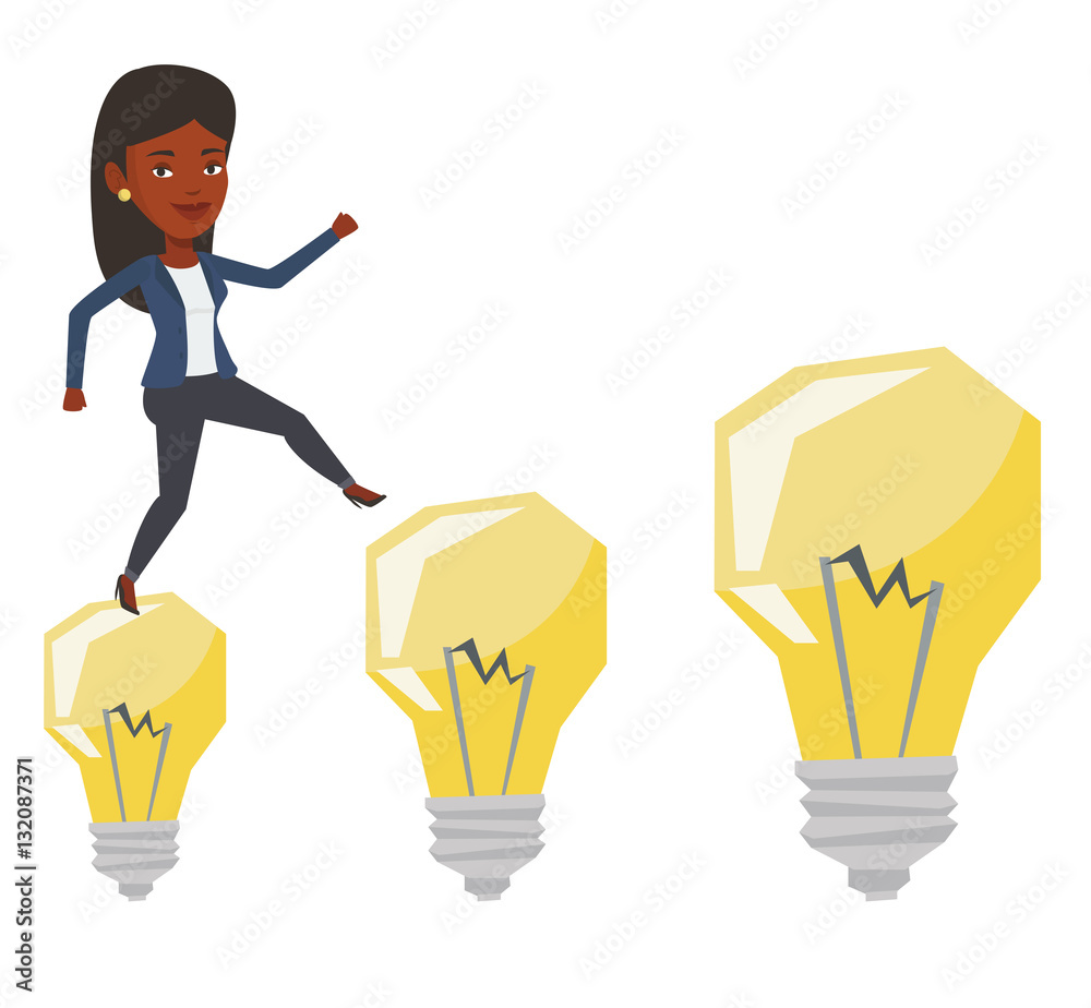 Business woman jumping on idea bulbs.