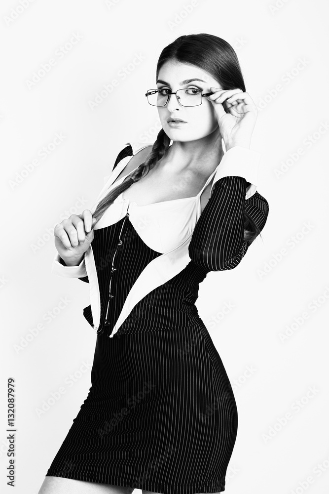 Sexy Secretary Portrait Of Beautiful Brunette Business Lady With Glasses And Wearing In