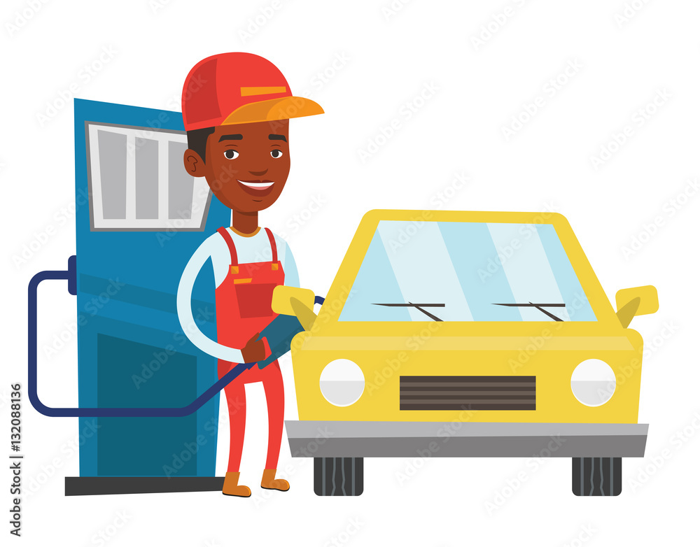 Worker filling up fuel into car. Worker filling up fuel into car.