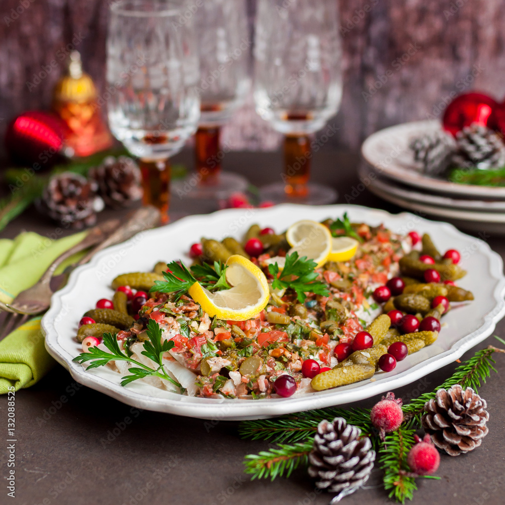 Tomato, Herb, Nut and Gherkin Cod Fish