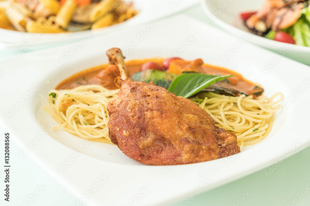 spicy penne with fried duck