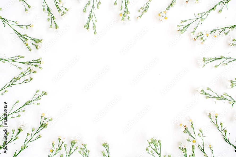 Naklejka premium Wildflowers frame on white background. Flat lay, top view.