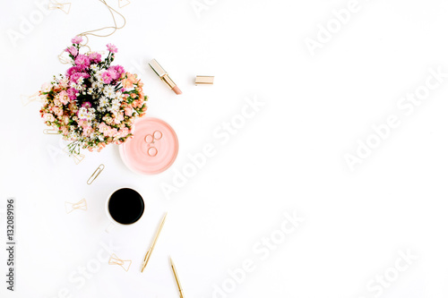 Wildflowers bouquet, coffee cup, golden pen, clips and accessories. Styled flat lay mockup