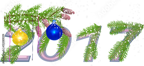 fir branches and number 2017 isolated on white