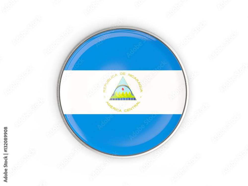 Flag of nicaragua, round icon with metal frame