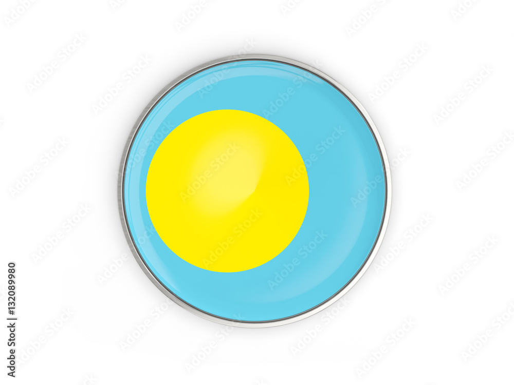 Flag of palau, round icon with metal frame