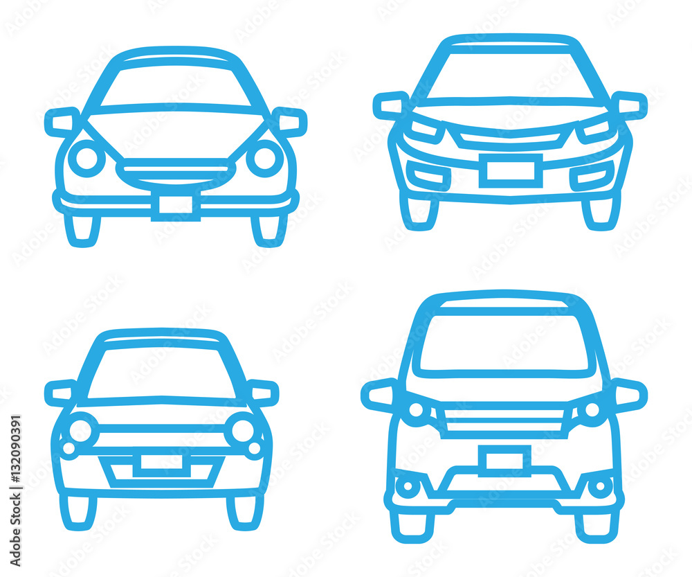 Car icon set - Front view, Blue line Car icon set - Front view, Blue line
