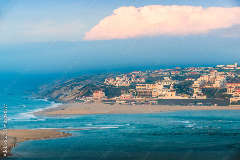 Panoramic view of the lagoon of Obidos, the city of Foz do Arelno and the Atlantic Ocean. Portugal
