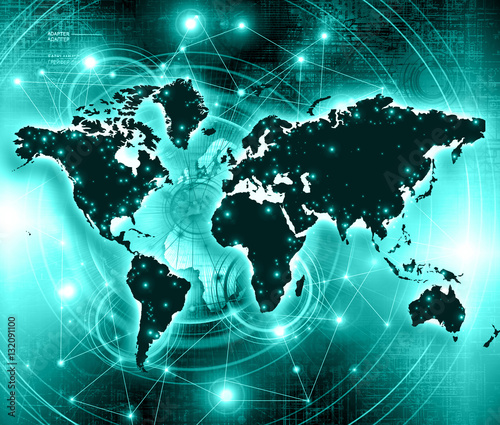 World map on a technological background, glowing lines symbols of the Internet, radio, television, mobile and satellite communications.