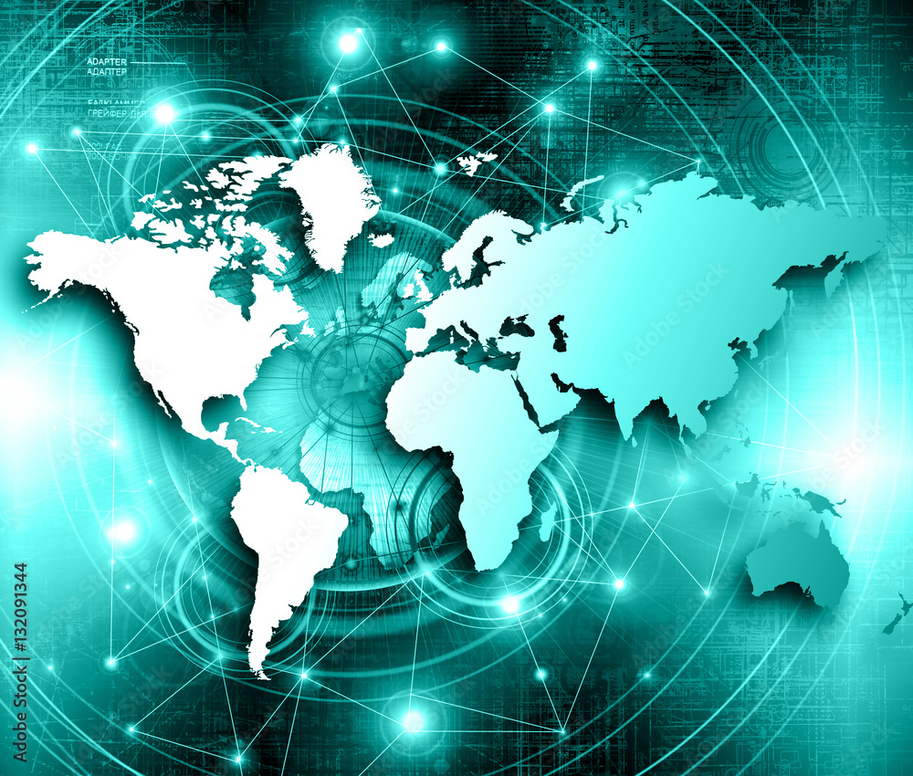 Obraz premium World map on a technological background, glowing lines symbols of the Internet, radio, television, mobile and satellite communications.