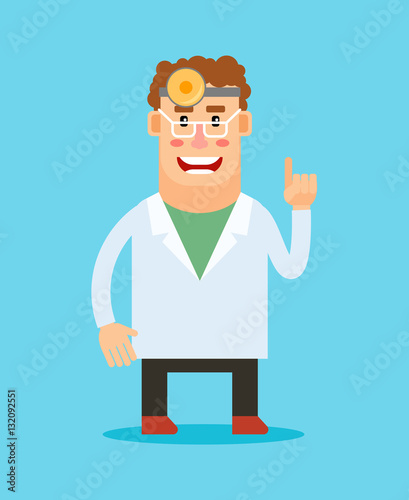 Dentist cartoon character. Stomatologist smiling icon on blue background. Vector illustration