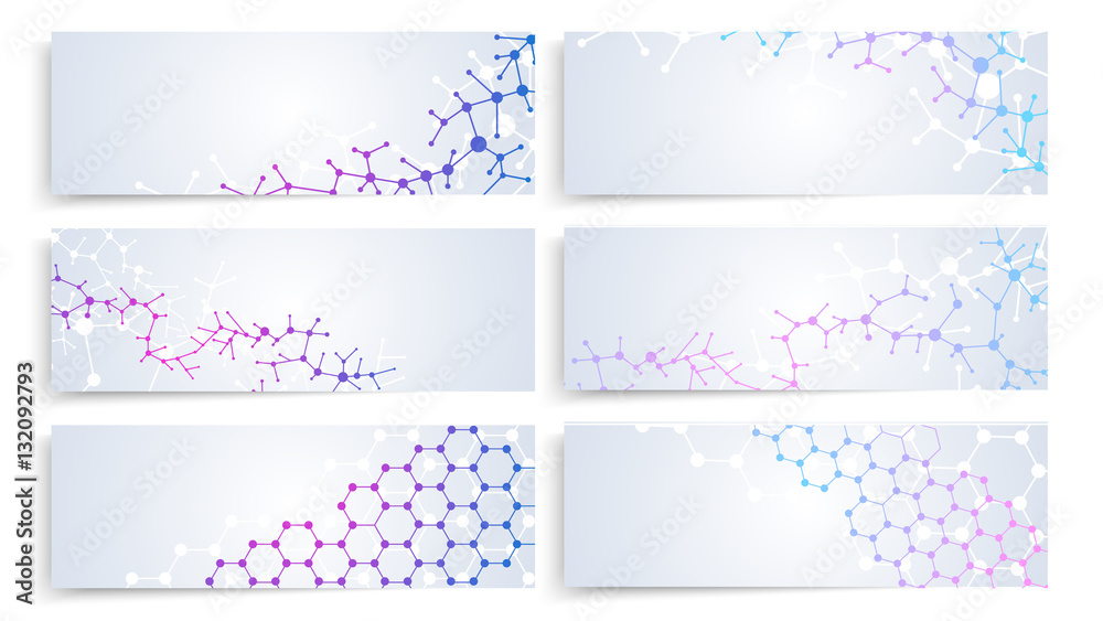 Dna molecule structure, brain cells connection. Vector chemistry medical banners set