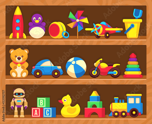 Kids toys on wood shop shelves