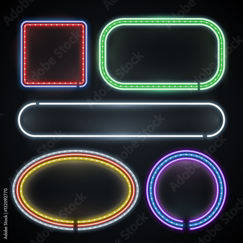 Illuminated neon borders, empty frame signs, new year, casino, party decoration vector set