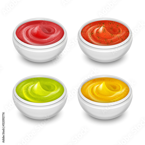 Different gourmet sauces, mustard, ketchup, soy, marinade in white small dishes vector set