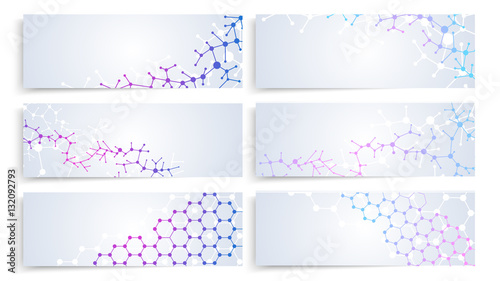 Dna molecule structure, brain cells connection. Vector chemistry medical banners set