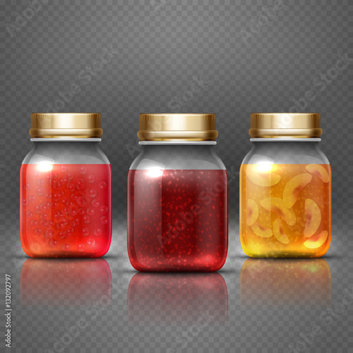 Glass container food jar with natural fruit preserves jelly jam vector illustration