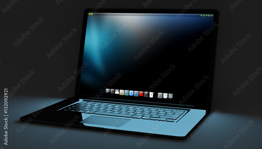 Modern black laptop on black background 3D rendering Modern black laptop on black background 3D rendering