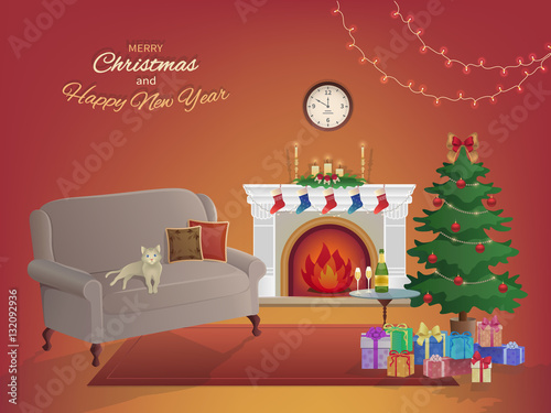 Merry Christmas room interior on a red background with a fireplace, Christmas tree, couch, gift boxes, wall clock. Candles socks and decorations. Waiting for the New Year and Christmas card. Vector