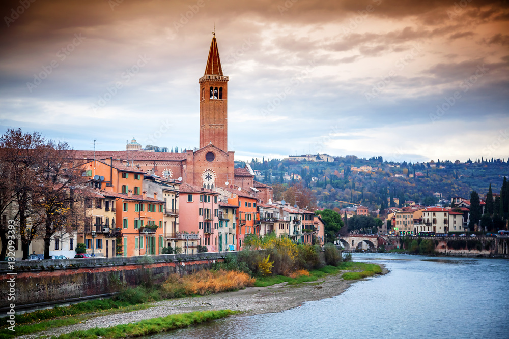 Verona, Italy. Scenery with Adige River and Ponte di Pietra.