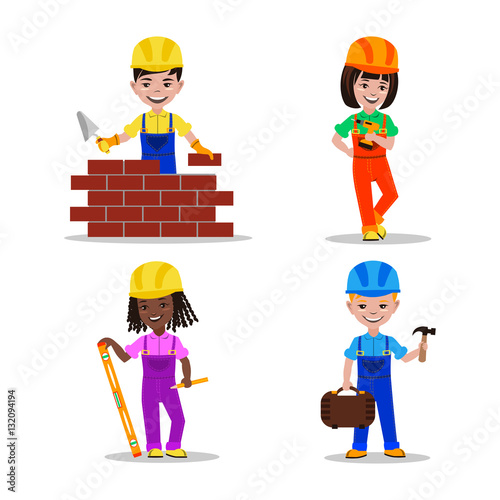 Kids builders characters vector illustration