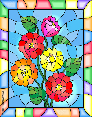 Illustration in stained glass style with flowers  buds and leaves of  zinnias on a blue background
