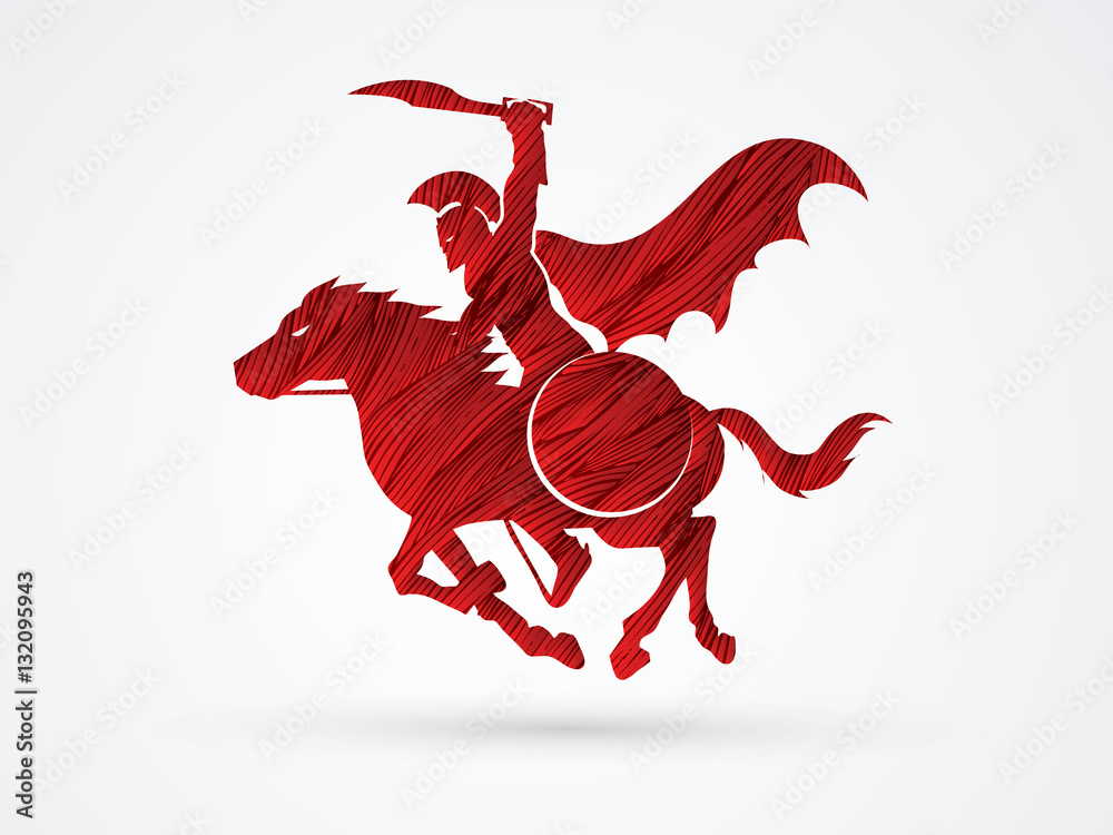 Spartan warrior riders with a sword ready to fight designed using red grunge brush graphic vector Spartan warrior riders with a sword ready to fight designed using red grunge brush graphic vector