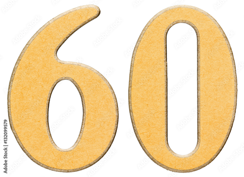 60, sixty, numeral of wood combined with yellow insert, isolated 60, sixty, numeral of wood combined with yellow insert, isolated