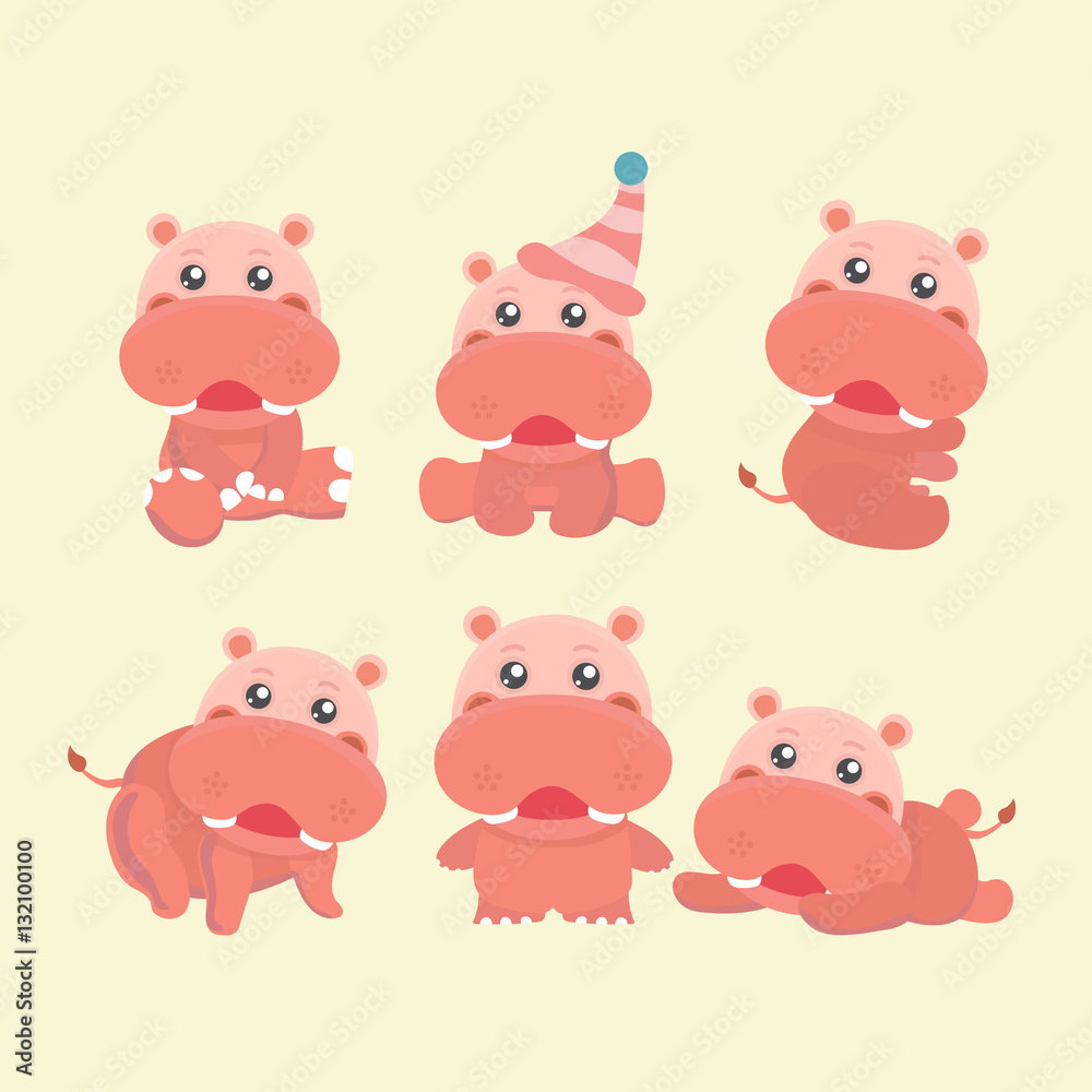 Collection funny hippo different poses in cartoon style. Collection funny hippo different poses in cartoon style.