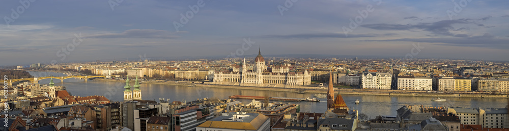 Very large Panoramic overview of Budapest Parliament on Danube r