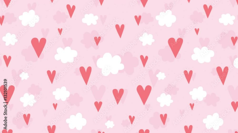 Hearts and clouds valentines day doodle style animation HD pink background.