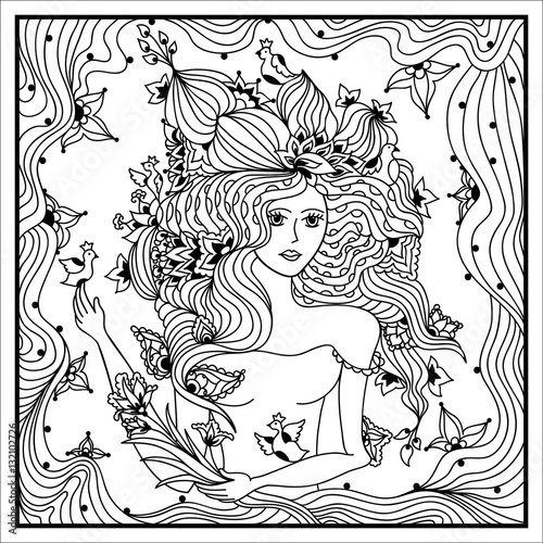 Beautiful woman head with abstract hair with floral design. Coloring book anti stress for adults. Vector illustration. Black and white in zentangle style.