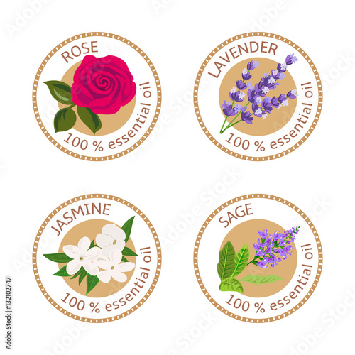 Set of essential oils labels. Rose, Sage, Lavender, jasmine