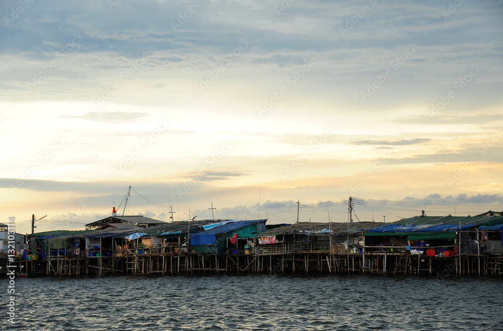 Houses construct on sea as seafood market, Thailand