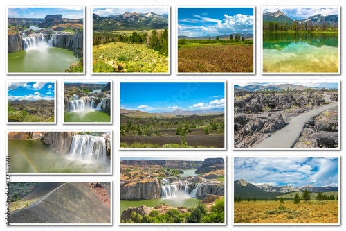 Collage of several landmarks locations: Craters of the Moon, Idaho Falls, Sawtooth National Forest in Idaho, United States, isolated on white background.