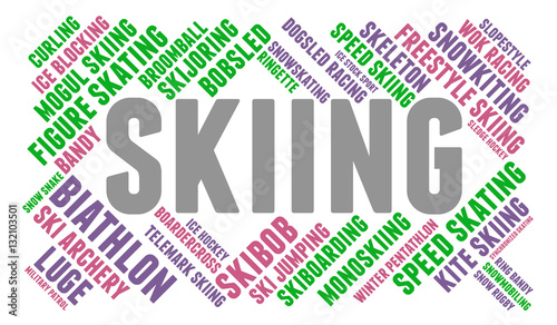 Skiing. Word cloud, colored font, white background. Olympics.